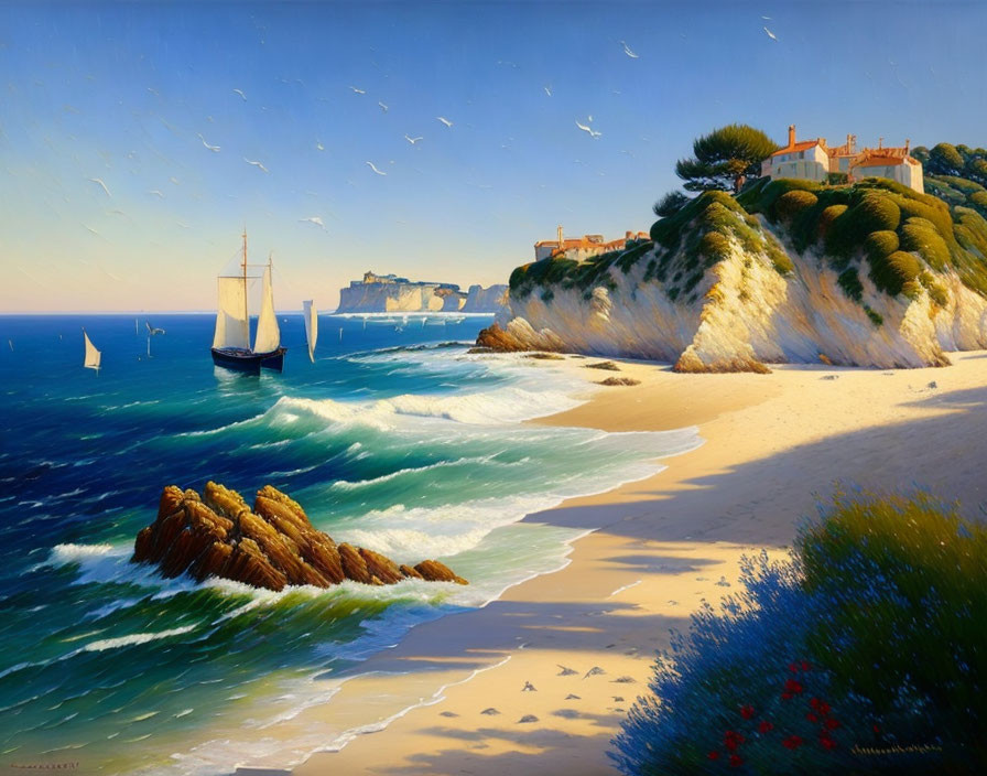 Tranquil beach landscape with sailboat, cliffs, seagulls, and greenery