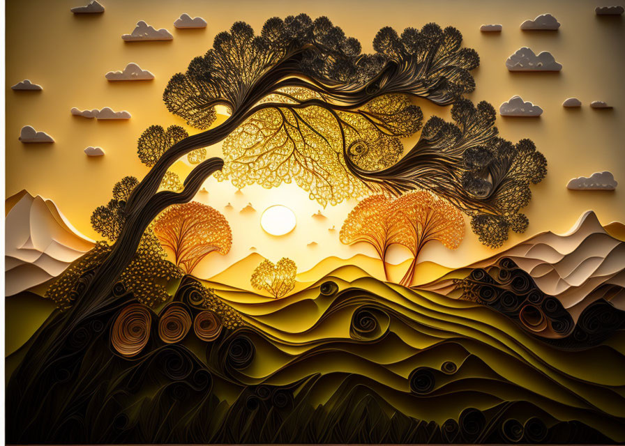 Layered Paper Art: Stylized Sunset with Tree, Hills & Clouds