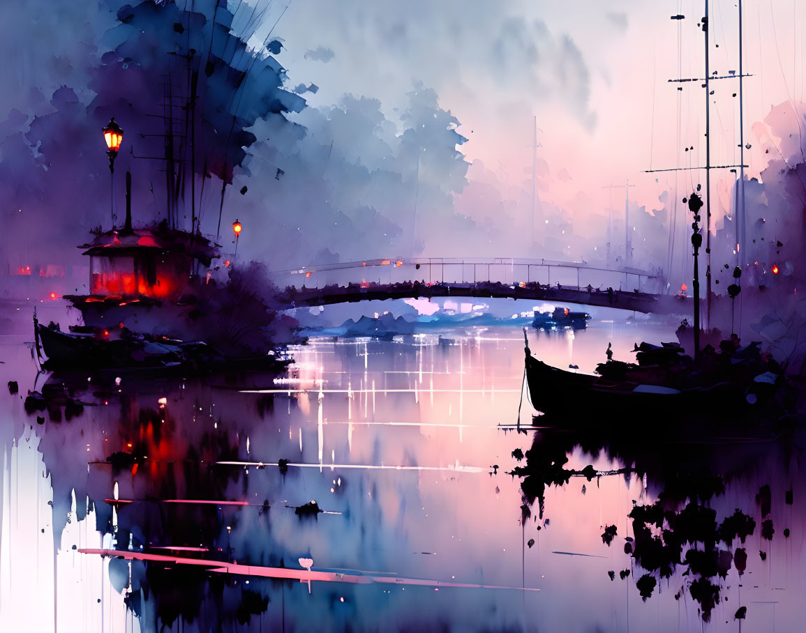 Serene river scene at dusk with boats, bridge, lanterns