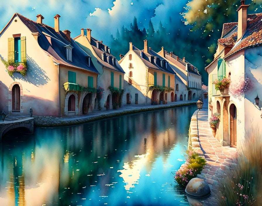 Picturesque European Village: Colorful Houses, Serene Canal, Blooming Flowers