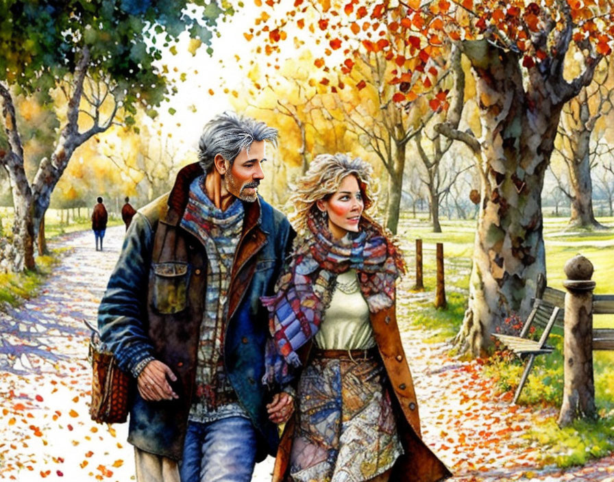 Illustrated couple strolling in autumn park with fallen leaves