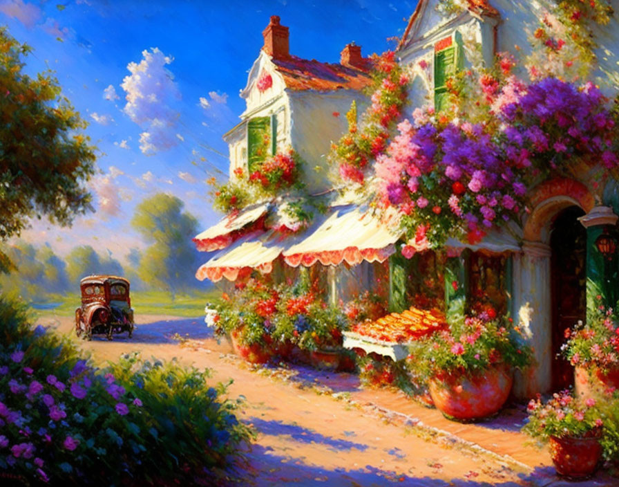 Colorful painting of quaint house, flowered facade, sunlit veranda, vintage car, blue