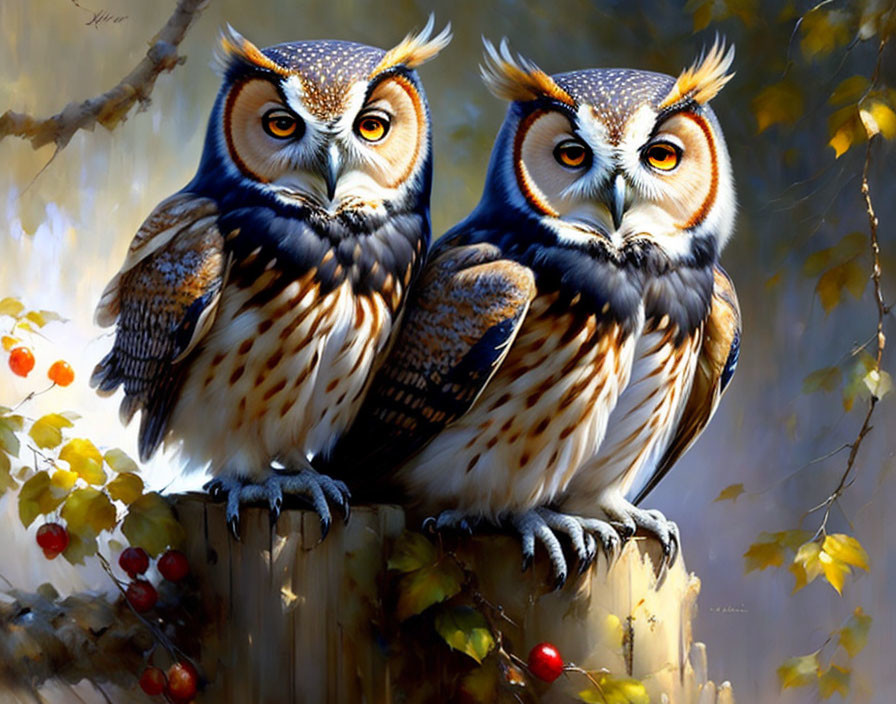 Pair of owls on sunlit forest stump with berries and leaves