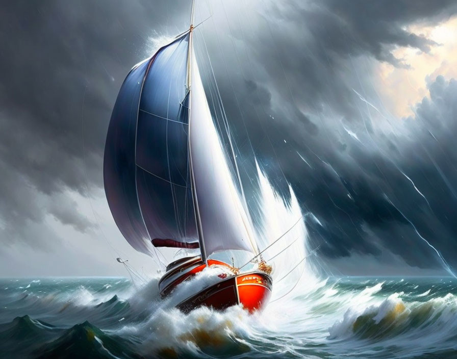 Red-hulled sailboat braving stormy seas with lightning bolts