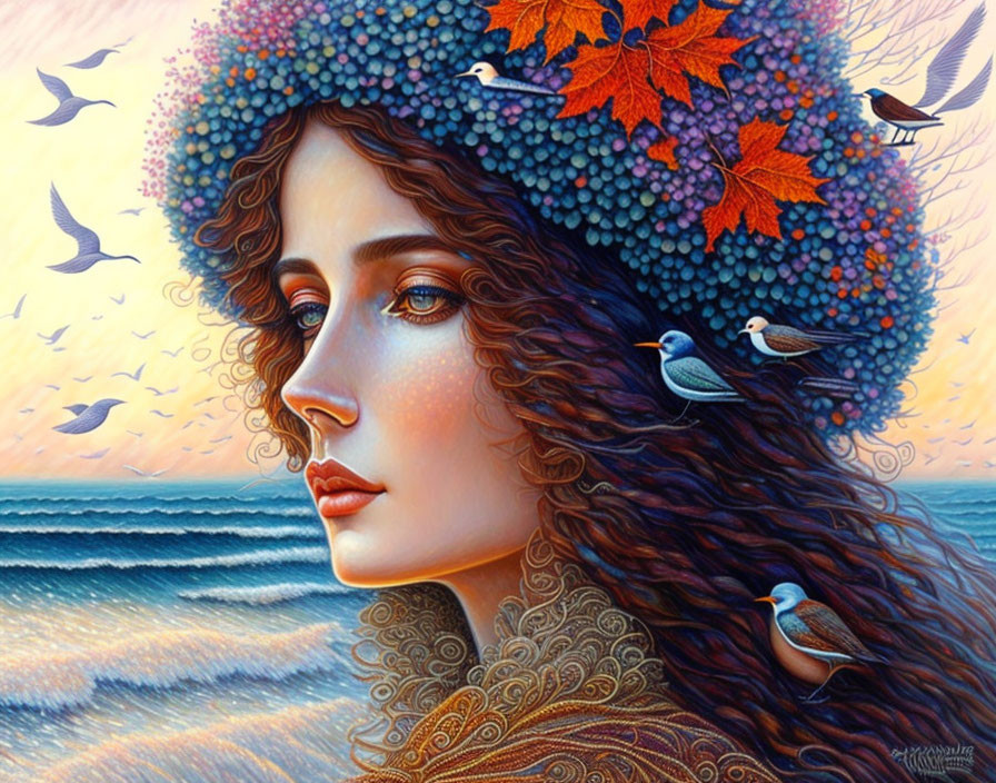 Stylized portrait of a woman with autumn leaves and birds by serene seascape