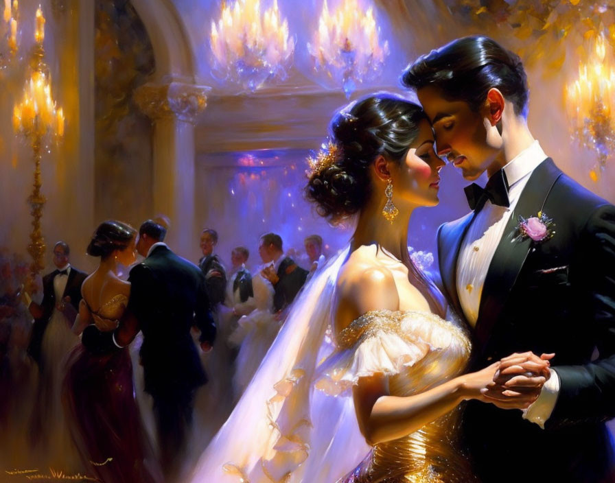 Formal attire couple dances in elegant ballroom event