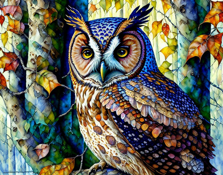 Vibrant Owl Artwork Against Autumn Leaf Background