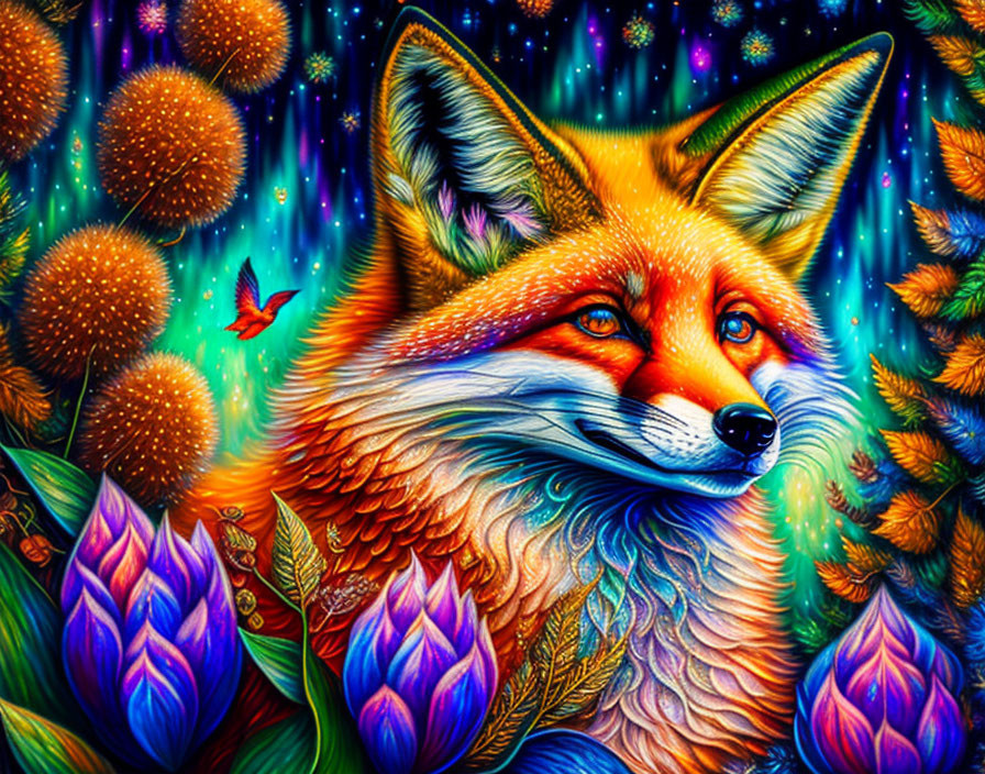 Colorful Fox Digital Art with Cosmic Flora and Butterfly