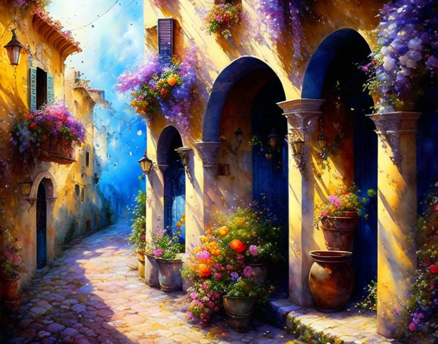 Vibrant painting of quaint alley with flower baskets and blue doorways