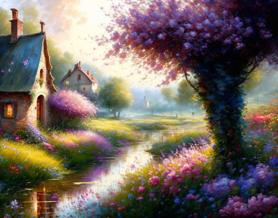 Blooming tree, flowers, cottage, stream in magical dusk landscape