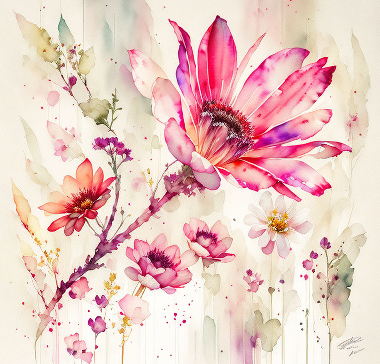 Assorted Flowers Watercolor Painting in Pink, Red, Purple