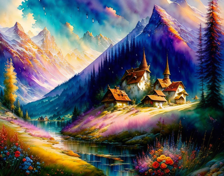 Colorful painting of mountain village at twilight