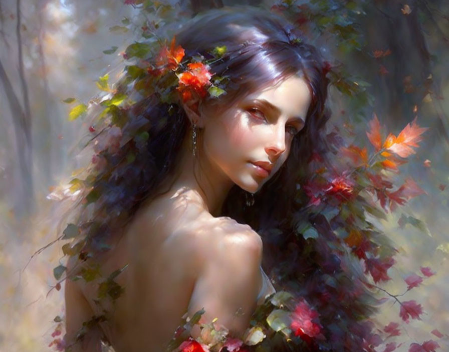 Digital painting of woman with autumn leaves, serene atmosphere