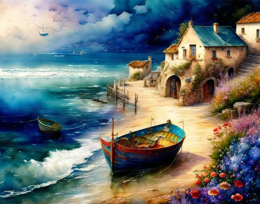 Seaside village painting with colorful flowers, boats, houses, and serene ocean