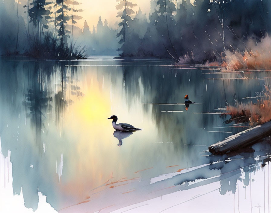 Tranquil watercolor painting of ducks on serene lake at sunrise