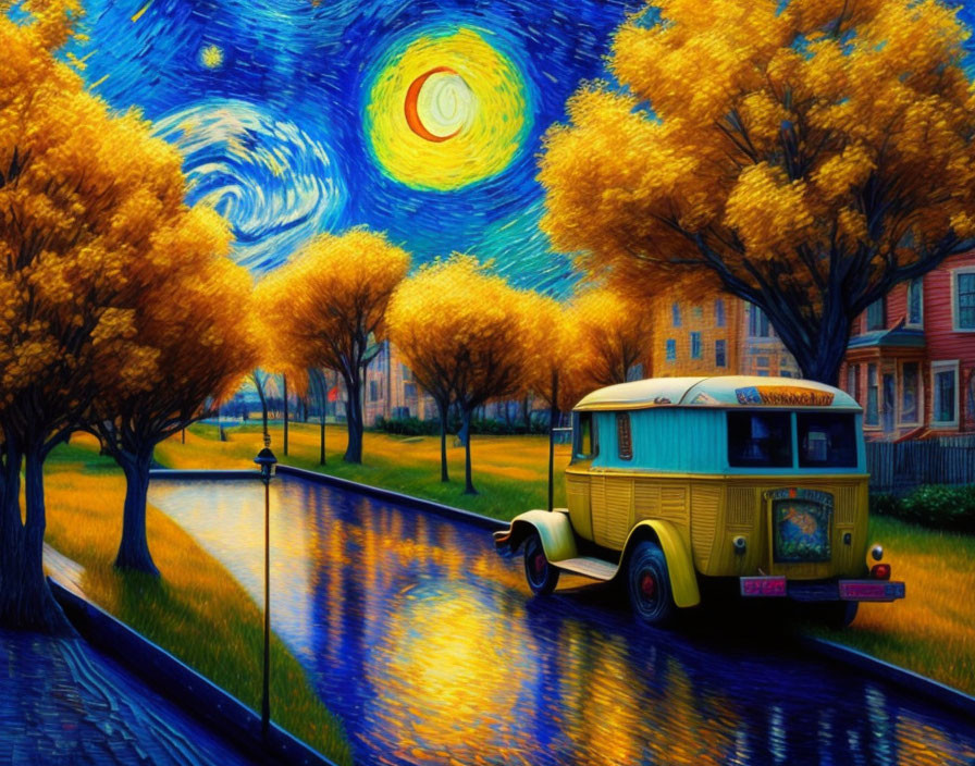 Yellow school bus on cobblestone street with autumn trees under night sky reminiscent of Van Gogh's