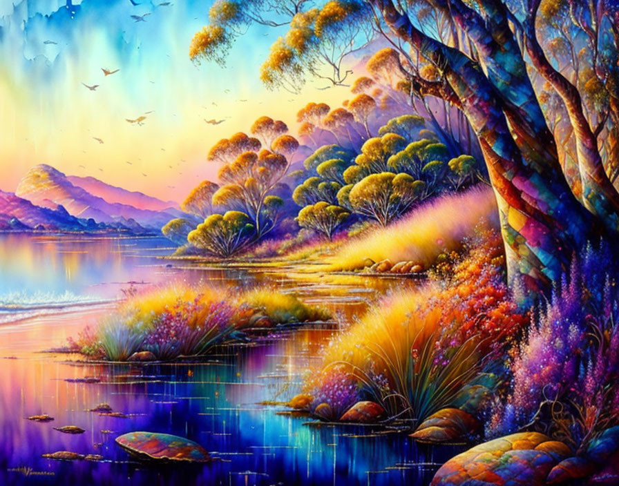 Colorful Lakeside Landscape Painting with Twisted Tree & Sunset Sky