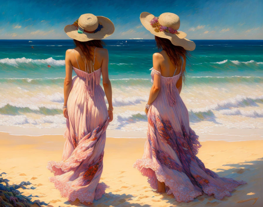 Two women in flowing dresses and wide-brimmed hats on a serene beach.