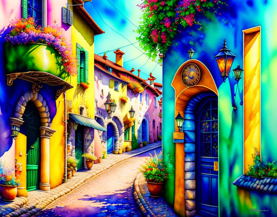 Colorful street scene with flowers, quaint houses, cobbled path, and vintage lamps.