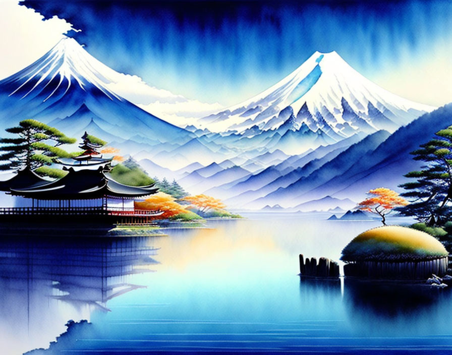 Scenic painting of Mount Fuji with lake, Japanese structures, and autumn trees