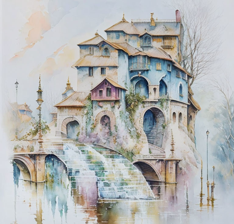 Fantasy-style watercolor painting of whimsical multi-tiered house and arching bridge