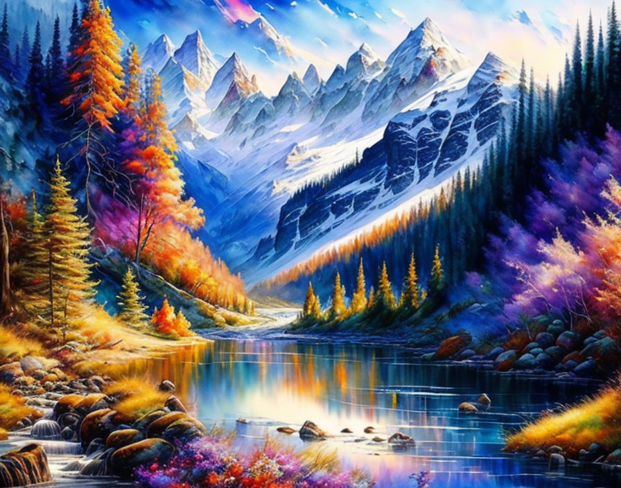 Colorful Autumn Trees and Snow-Capped Mountains in Tranquil River Landscape