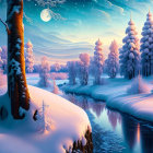 Snow-covered forest and river in serene winter landscape