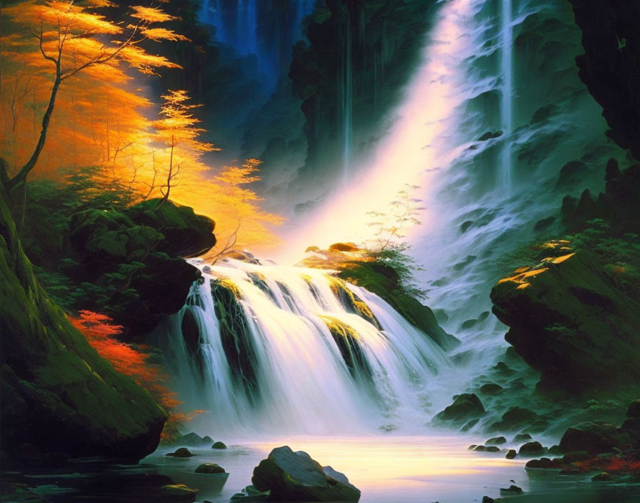 Autumn forest waterfall with sunlight and misty waters