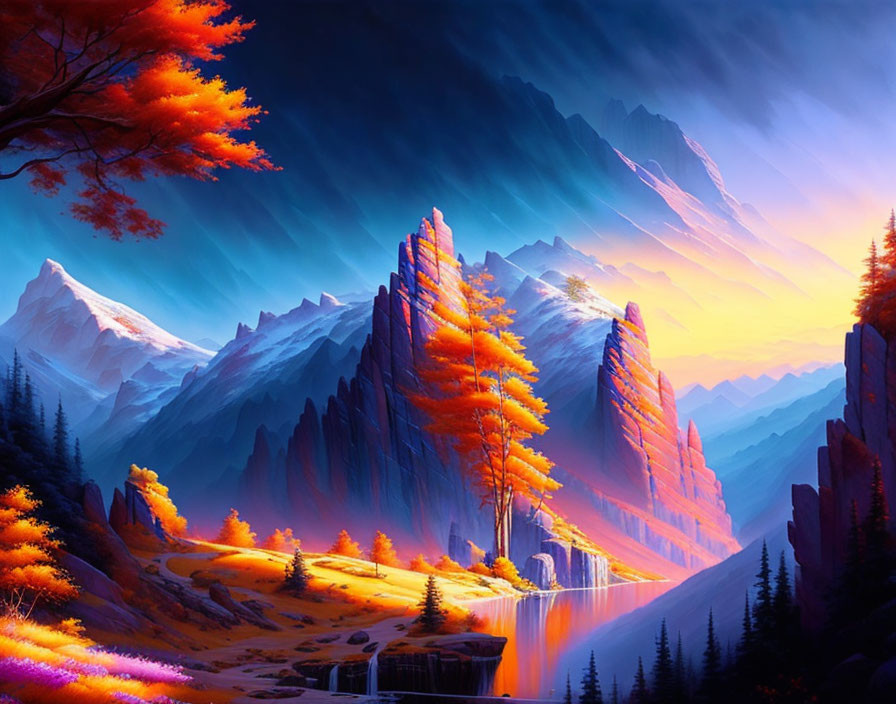 Colorful fantasy landscape with mountains, waterfall, autumn trees, twilight sky