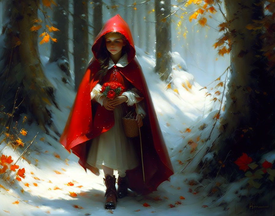 Girl in Red Cape with Flower Basket in Sunlit Autumn Forest