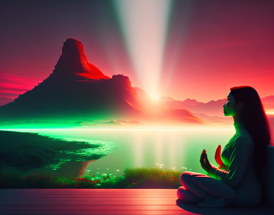 Serene lake meditation at sunrise with northern lights and mountain backdrop