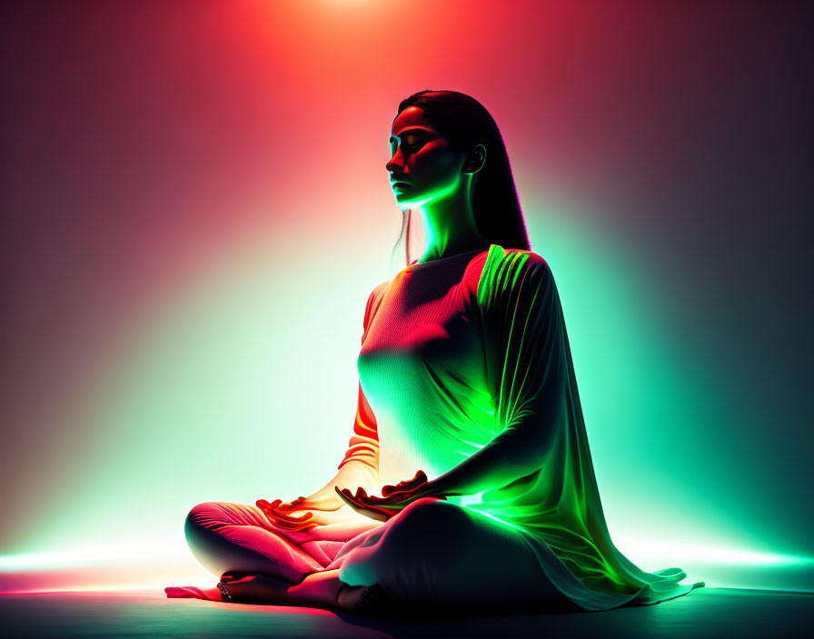 Meditative person in vibrant red, green, and purple lighting