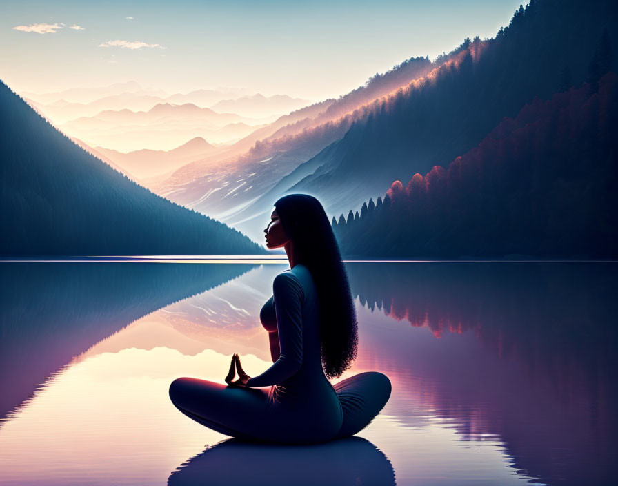 Meditating person by serene lake with mountains and sunset sky