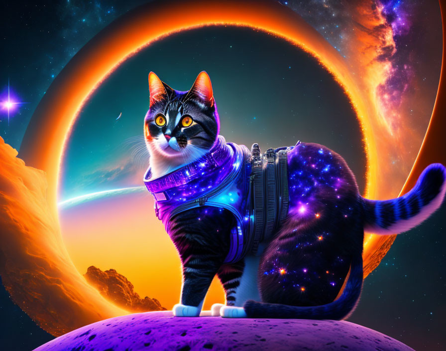 Cat in sci-fi harness on purple planet with cosmic backdrop.