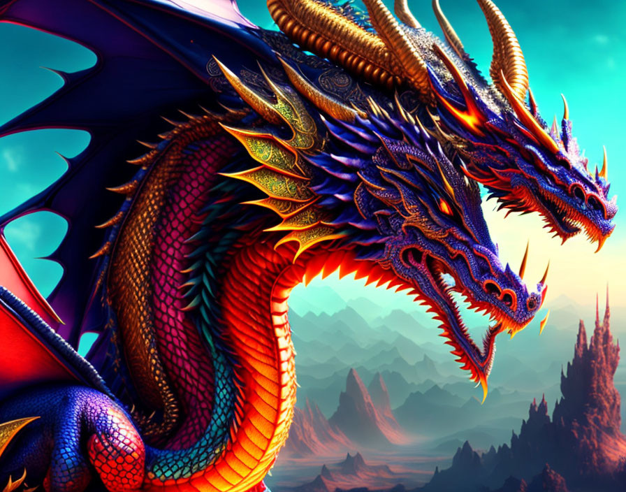 Vibrantly colored multi-headed dragon in mountainous landscape