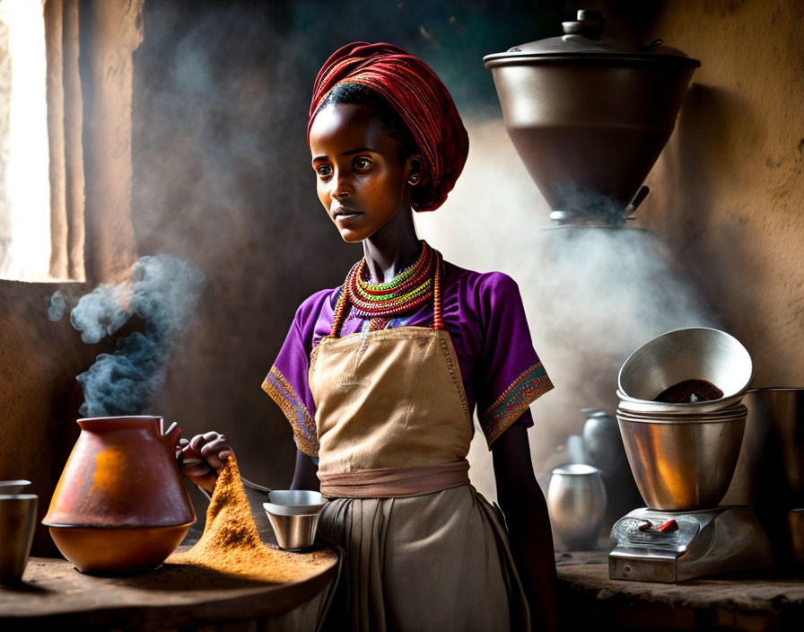 Traditional woman in headscarf near pottery and smoking vessel in warm rustic kitchen