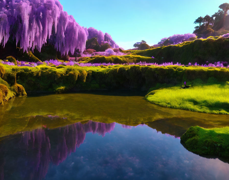 Tranquil landscape with vibrant purple trees, still lake, lush green grass, and solitary figure