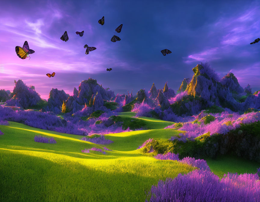 Vibrant purple flowers, green hills, and butterflies in a dreamy landscape