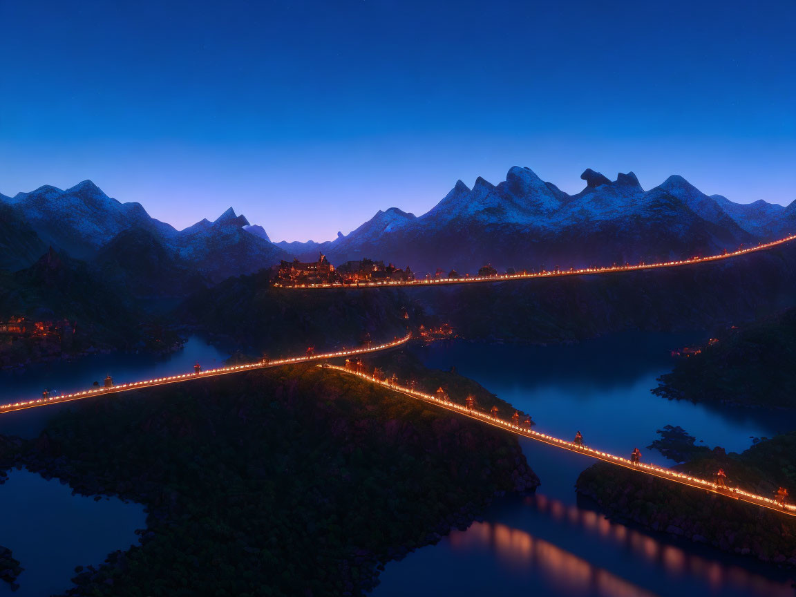 Panoramic night view of illuminated winding roads to castle in mountain landscape