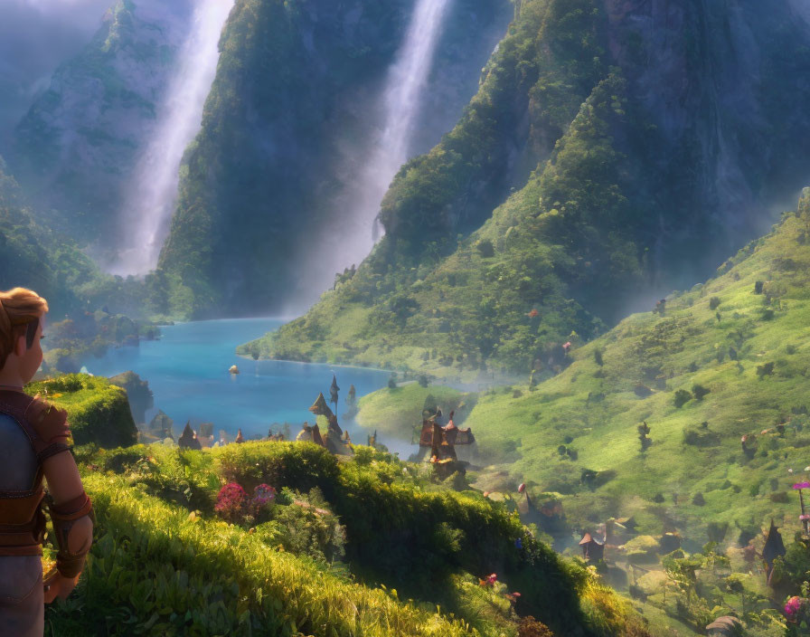 Colorful Animated Landscape with Waterfalls, River, Greenery, and Character overlooking Valley