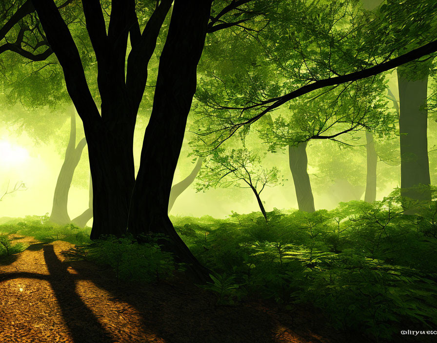 Verdant forest with sunlight, shadows, mist, and greenery