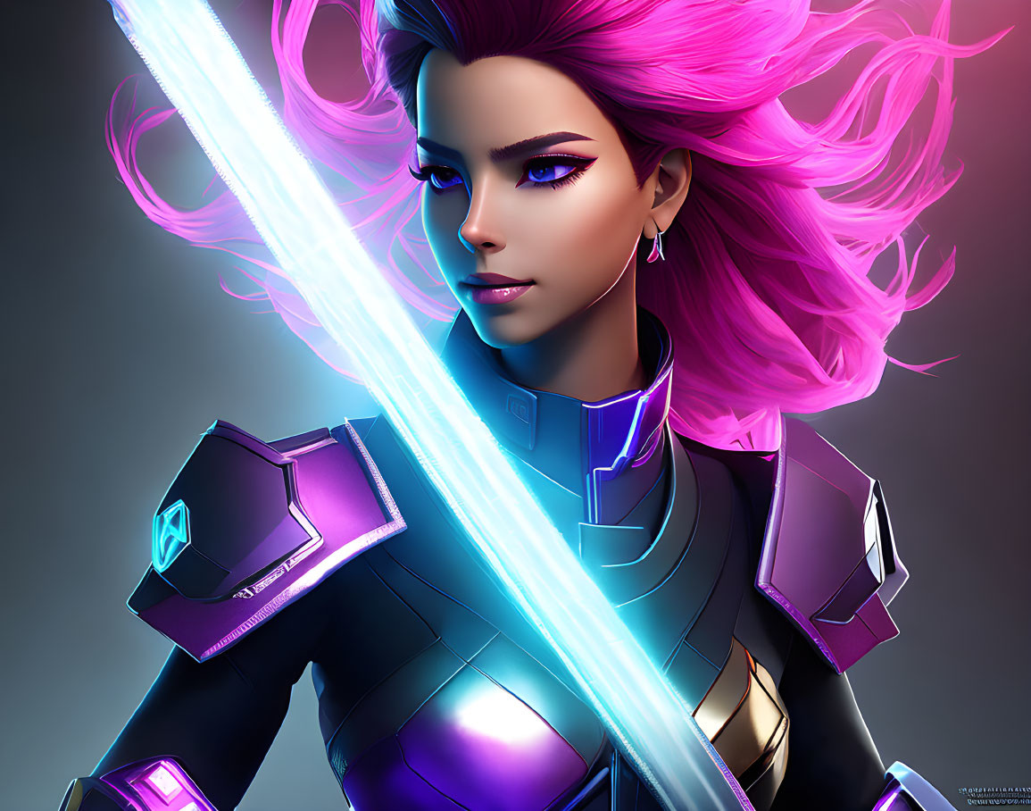 Vibrant pink hair female character with blue energy blade and futuristic armor