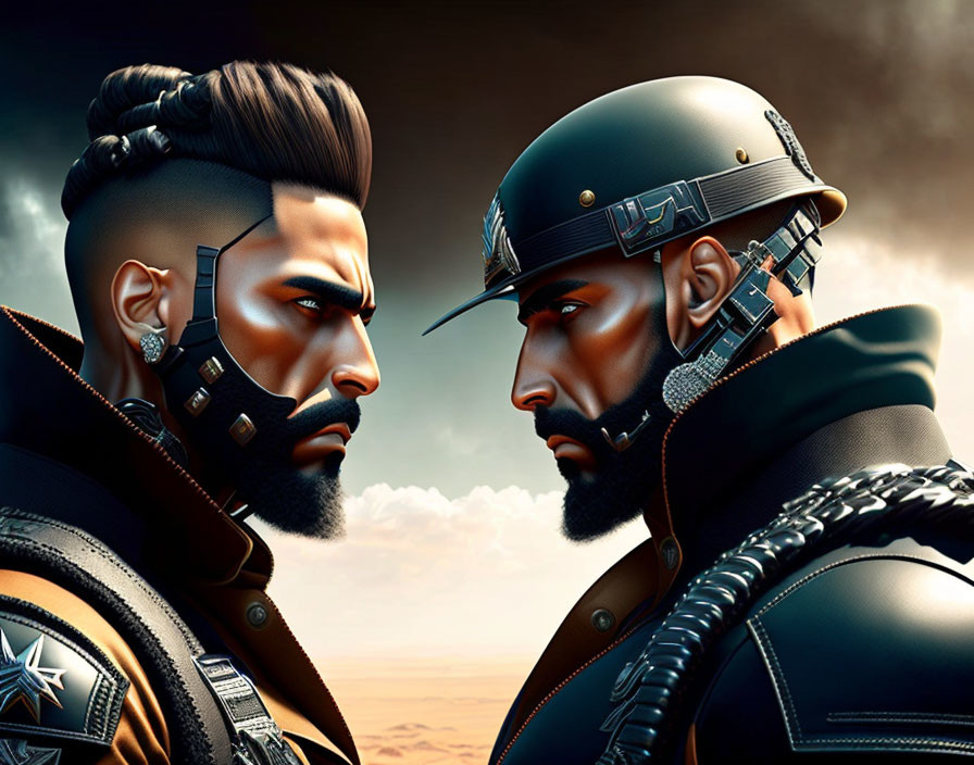 Stylized futuristic soldiers with detailed facial hair in cloudy sky scene