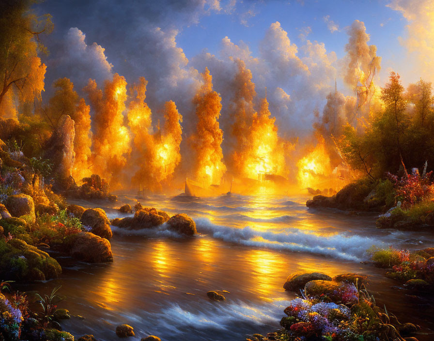 Vivid painting of raging forest fire reflected on river