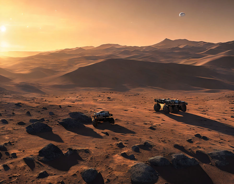 Rovers exploring Mars-like desert with hills and planet at sunset