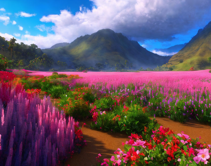 Scenic pink flower field with diverse flora, green mountains, and cloudy sky