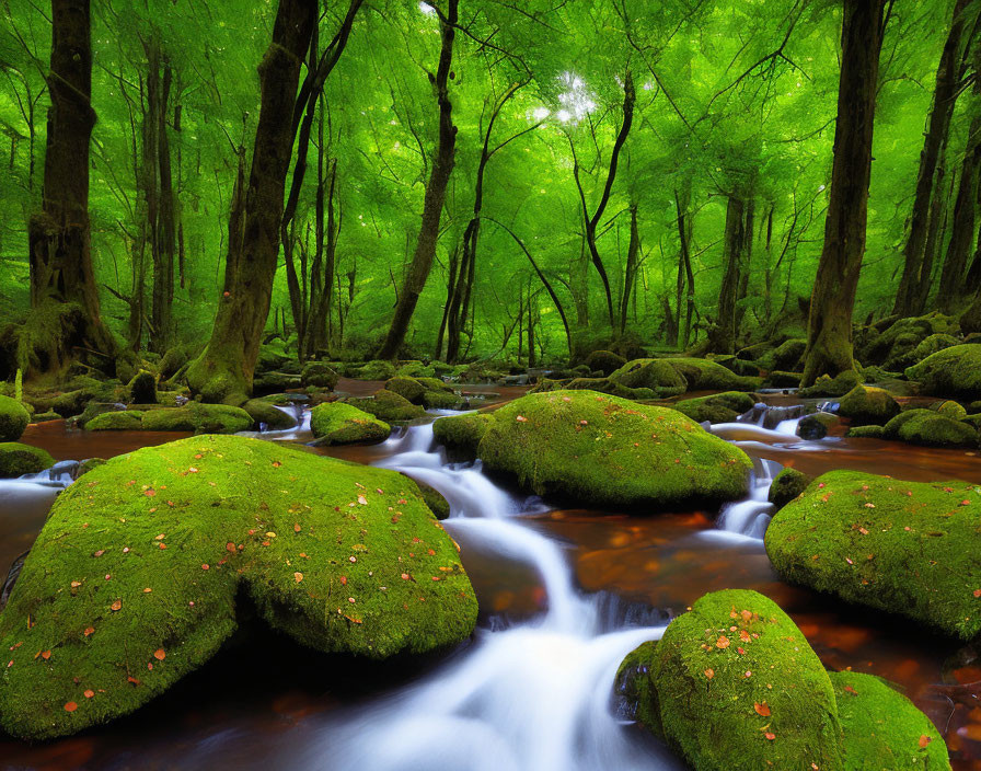 Tranquil forest stream with moss-covered rocks and autumn leaves.