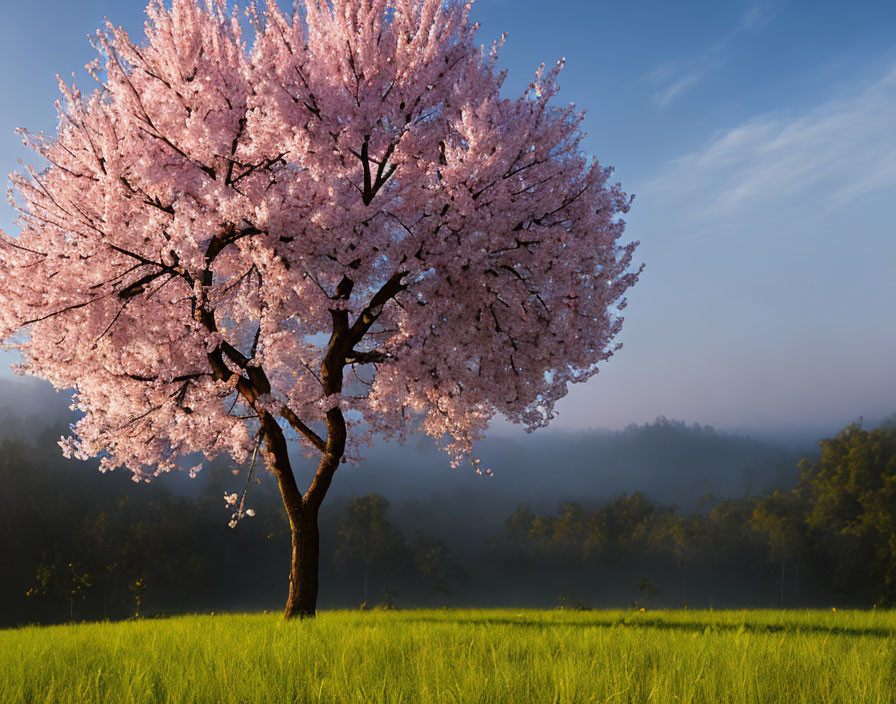 Cherry blossom tree in full bloom against green field, hazy forest, and blue sky