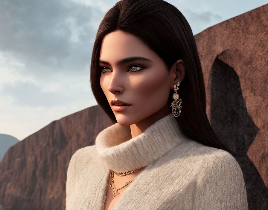 Woman with Green Eyes in White Turtleneck Against Rocky Landscape