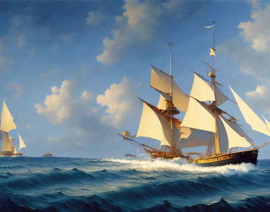 Sailing ship with full sails on choppy ocean waves and cloudy sky